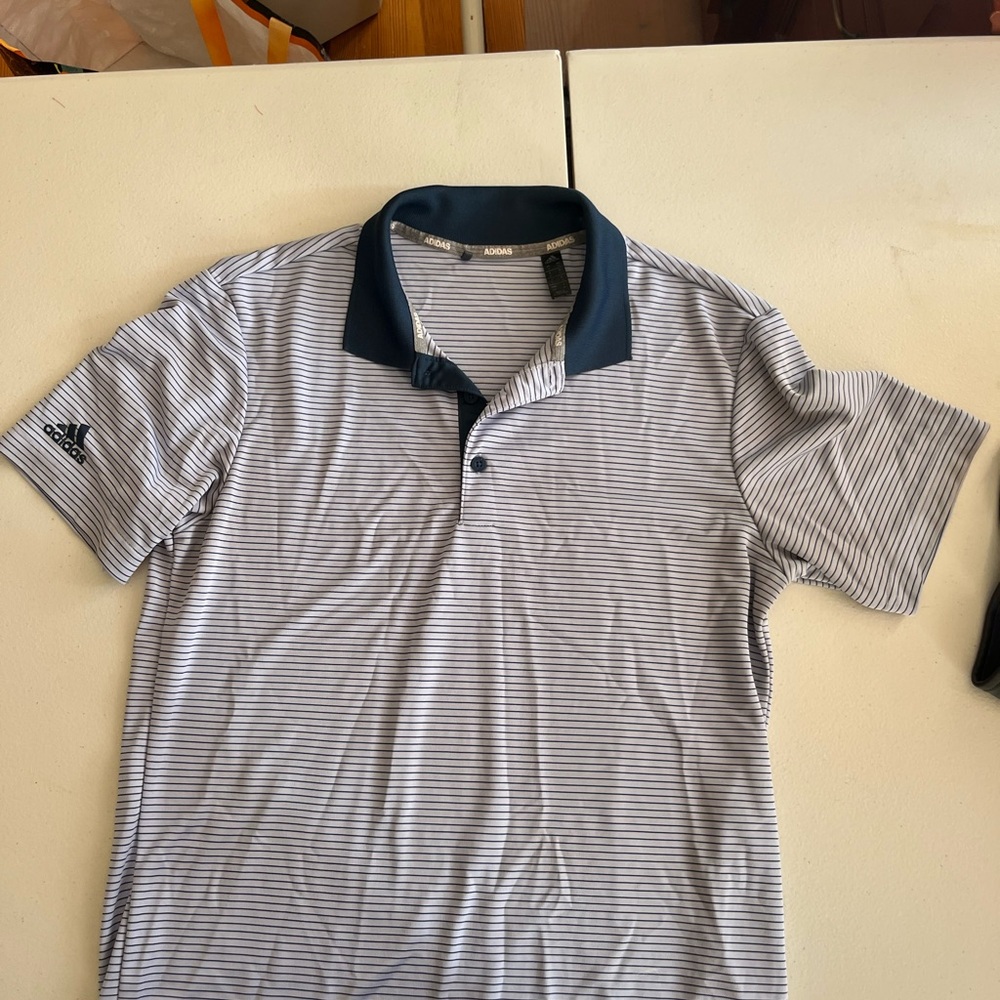 Adidas Men's Striped Polo Shirt - Blue and White